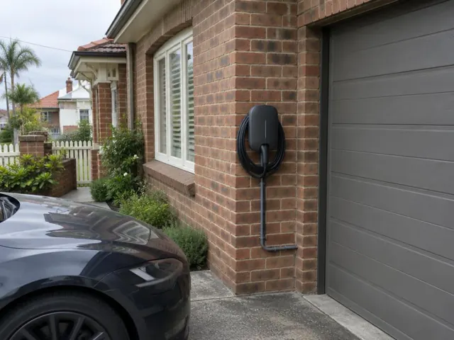 Wall-mounted EV charger on a brick exterior beside a garage door at a suburban house in Maroubra
