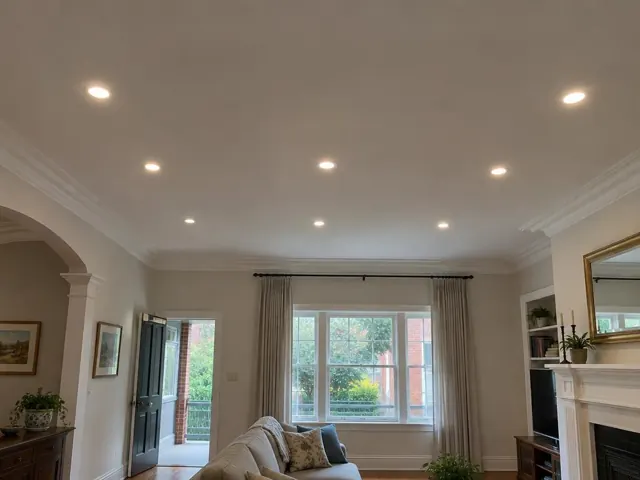 Living room ceiling with recessed downlights in a cream home interior in Malabar