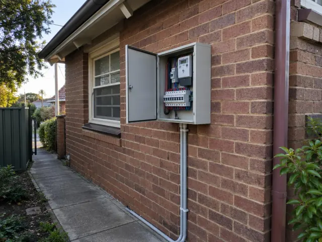 Exterior brick wall with open upgraded switchboard and meter box beside a window in Maroubra